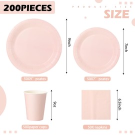 Tioncy 200 Pcs Disposable Paper Plates Cups and Napkins Party Supplies Serve 50 Guests Disposable Paper Dinnerware Set for Wedding Baby Shower Birthday Graduation Party Family Picnic(Pastel Pink)