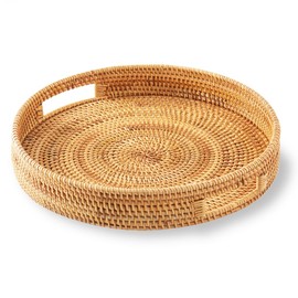 Round Rattan Tray 11.8 Inches Hand-Woven Tray with Cut-Out Handles Woven Serving Tray for Home and Kitchen Decorative