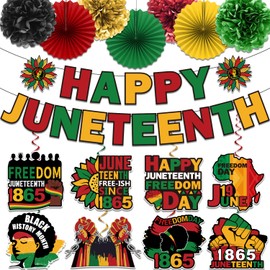 Juneteenth Banner Decorations, Red Yellow Black and Green Backdrop Decorations for Office,Paper Fans Banner and hanging swirls for June 19th Independence Day Freedom Day Party Supplies