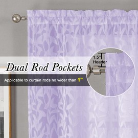 Lecloud Leia Light Purple Sheer Curtains 63 Inch Length 2 Panels, Light Filtering Jacquard Leaf Textured Voile Curtains with Dual Rod Pockets, Kitchen/Bedroom Window Drapes, 38x63 Inches