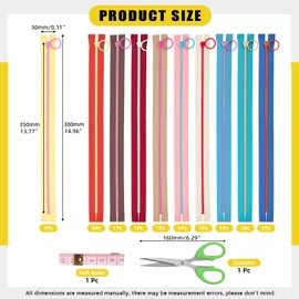 Mardatt 10Pcs Nylon Resin Zipper, 10 Colors Plastic Zippers with Lifting Ring Pull, Sewing Zippers with Soft Ruler, Scissor for DIY Sewing Craft Bag Garment - 35 cm/ 14 Inch