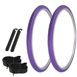 PRO+ Pair of Bicycle TIRE 700 X 35C Purple/Purple SIDEWALL (2) Tires W/Tubes 33MM Schrader Valve & TIRE LEVERS P-1180