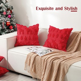 Lewondr Christmas Cushion Cover, 45 x 45 cm, Set of 2 Soft Faux Fur Cushion Covers, Velvet 3D Christmas Tree, Reindeer, Embroidery, Space Cushion Cover for Living Room, Bed, Sofa, Home Decor, Red
