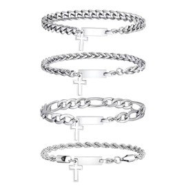 XSDSLS Men's Bracelets, Silver Stainless Steel Cross Bracelets, Glitter Bracelet, Men's Figaro Chain Bracelet, Men's Curb Chain Bracelet for Men and Boys, 19 cm / 21 cm / 23 cm Length, Stainless