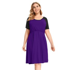 MONNURO Women's Plus Size Nursing Dress Short Sleeve Color Block Labor Delivery Maternity Nightgown Dress for Breastfeeding(Deep Purple,4X)