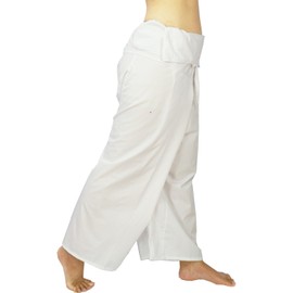 Lovely Creations Jumbo Size Man Women Thai Fisherman Wrap Pants Toray Wild Leg Baggy Yoga Casual Trousers Waist 60" (AF White)
