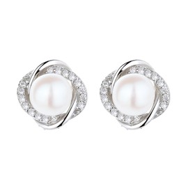 Pearl Earrings 925 Silver Pearl Stud Earrings Real Freshwater Pearl Earrings with Zirconia Freshwater Cultured Pearls Earrings Pearl Stud Earrings, Silver Cubic Zirconia, Cubic Zirconia
