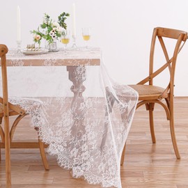 QueenDream 2 Pieces White Lace Tablecloth Spring Wedding Table Cloth 60 X120 Inches Vintage Embroidered Lace Fabric Cover for Summer Outdoor Party Reception Home Decor