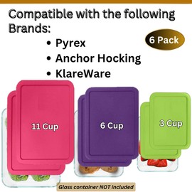 3, 6, 11 Cup Rectangle Replacement Lids/Covers for Pyrex, Anchor Hocking & KlareWare Storage Bowls *Lids Only -Glass Container Not Included*, 6 Pack *2 of Each Size* Spring Green, Purple, Pink
