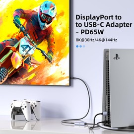 8K@30Hz / 4K@144Hz Displayport to USB-C Adapter with PD 65W Charging, Graphene Cable Dis Male to Type-C Female for USBC Monitor, Compatible for MacBook Pro/Air, iMac