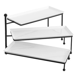 Kanwone 3 Tiered Serving Stand with White Porcelain Platters, Swivel Food Display Stand, 14.5" x 6" Tier Serving Trays with Black Metal Stand for Entertaining, Dessert Stand