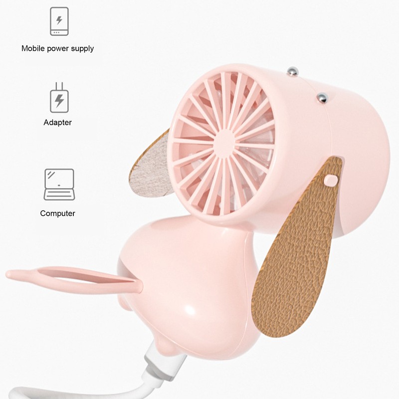 Handheld Fan Cute Cartoon Dog Shaped 3 Speeds Rechargeable Portable