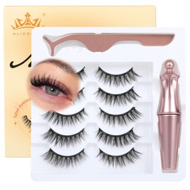 Magnetic Eyelashes with Eyeliner Natural Look Magnetic Lashes with Applicator No Glue Needed Cat Eye Lash Wispy Magnet Lash 5 Pairs with Magnet Eyeliner