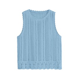 KIRUNDO Beach Cover Ups for Women 2025 Summer Crochet Knit Sweater Vest Mesh Hollow Out Crop Sleeveless Shirts Swimsuit(Sky Blue, Small)