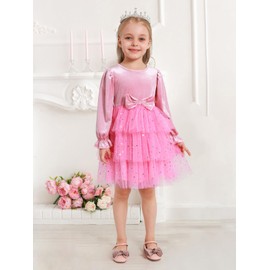 URMAGIC 2-7Y Toddler Girls Fall Winter Velvet Tulle Tutu Dresses Long Sleeve Ruffle Holiday Christmas Princess Party Dress Pink