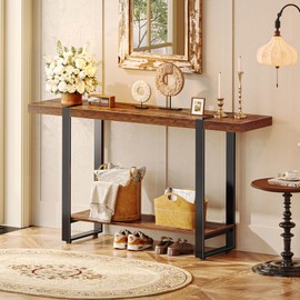 Huuger 47.2 Inch Entryway Table, 2-Tier Industrial Console Sofa Table, Accent Table with Storage, for Entry, Hallway, Entrance, Foyer, T-Shaped Metal Frame, Rustic Brown