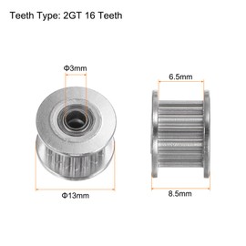 HARFINGTON 2pcs 2GT Idler Pulley 16 Teeth 3mm Bore 13mm Dia. Aluminum Timing Belt for 6mm Width Belt 3D Printer CNC Machine Accessories, Silver Tone