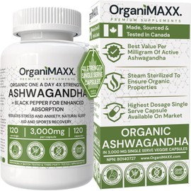 4X Strength Organic Ashwagandha 3,000mg PER SINGLE CAPSULE, 120 Capsules Per Bottle Ashwagandha Supplement With Black Pepper For Enhanced Absorption. Made & Third Party Tested In Canada, Vegan, Gluten Free & Non-GMO
