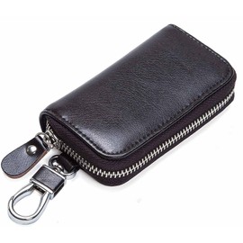 Leather Key Holder Wallet – Multi-Functional Zipper Key Case with 6 Hooks, Card Slots & Keychain | Compact Car Key Organizer for Men & Women (Fashionable Design)
