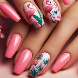 Pink Press on Nails Long Coffin Fake Nails with Design Pink Glue on Nails Glossy Spring Nails Reusable Summer False Nails for Women Girls Manicure 24pcs