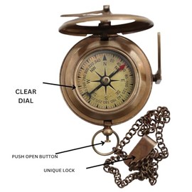 Brújula de reloj de sol de latón vintage hecho a mano, reloj de sol náutico antiguo con funda de cuero, brújula de latón coleccionable grabada, regalo