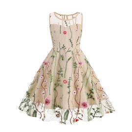 Kid Girls 1950s Vintage Dress: Pirncess Tutu Dress Floral Embroidered Wedding Bridesmaid Dance Ball Gown Birthday Party Dress Sleeveless A Line Swing Dress Apricot-Sleeveless 9-10 Years