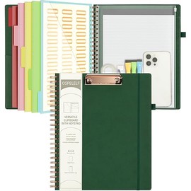 Ospelelf Leather Clipboard Folio with Notepad for Letter Size, Spiral Clipboard Folder with Storage Zipper Pouch, 5 Folders with 10 Pockets, 39 Divider Label Stickers, Pen Loop Series (Green)