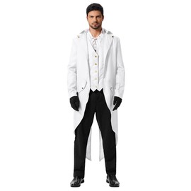 Odizli Medieval Clothing Men's Tailcoat Jacket Steampunk Coat Gothic Vikings Frock Coat, White, S