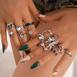 Y2k Pink Kunckle Joint Finger Rings Set for Women Vintage Irregular Open Opal Rings for Men Chunky Adjustable Gothic Cross Moonstone Butterfly Star Love Heart Cool Black Statement Ring Aesthetic Accessories (15pcs silver buttefly set)