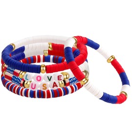 JOLYEAK 5PCS USA Love Bracelets,Red White and Blue Bracelets,4th of July USA Clay Bead Bracelet for Women Men Independence Day Gifts