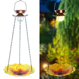 ALLADINBOX 24 inch Solar Wild Bird Bath/Feeder Outdoor Metal Hanging Glass Sunflower Feeder Tray Crackle Ball Light Waterproof Yard Garden Decoration