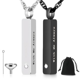 kodivenj 2 Pcs Urn Necklace for Ashes Men Women Cremation Jewellery for Ashes,Black Silver Stainless Steel Bar Pendant Necklace,Memorial Lockets Ashes with Funnel and Flannel Bag