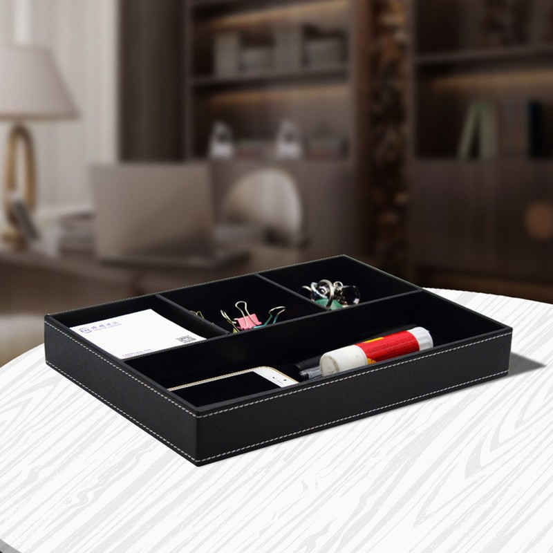 4 Compartments Leatherette Valet Tray Desk Dresser Top Organizer Box