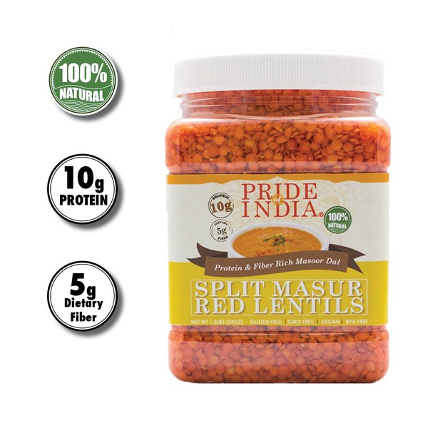Pride Of India - Indian Split Masur Red Lentils - Protein & Fiber Rich Masoor Dal, 3.3 Pound (1.5 Kilo) Jar (3 Pound + 10% Extra Free = 3.3 Pounds Total)