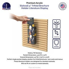 Marketing Holders 4 Pack Slatwall 4” Wide Tri Fold Holder Tall Rack Card or Menu Organizer Rack Clear Acrylic Slat wall Mount Display Durable Take One Bin Brochures Pamphlet Maps