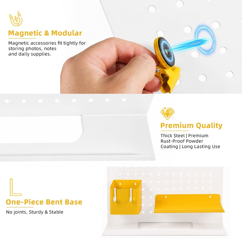 HOHOLEU Metal Desk Pegboard Organizer, No Drill Modular Storage Kit