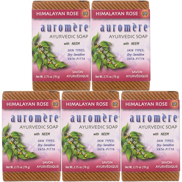Auromere Ayurvedic Bar Soap, Himalayan Rose - Eco Friendly, Handmade, Vegan, Cruelty Free, Natural, Non GMO (2.75 oz), 5 pack