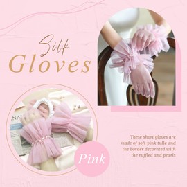 YAEISM Pink Short Gloves Ruffled Cuffs Mesh Gloves Puffy Tulle Pearl Gloves Cute Prom Opera Tea Party Formal Costume Accessories for Women