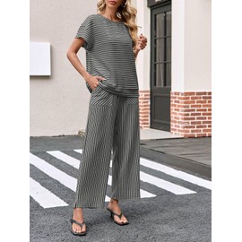 Tankaneo Womens Striped 2 Piece Sets Short Sleeve T Shirts Wide Leg Pants Matching Lounge Set with Pockets