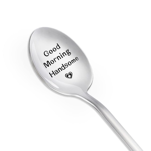 Husband Boyfriend Christmas Birthday Gifts from Wife Girlfriend Good Morning Handsome Coffee Spoon for Him Men Anniversary Birthday Gift for Husband Hubby Fiance Tea Spoons