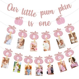 Pink Fall Pumpkin 1st Birthday Photo Banner Pumpkin Birthday Photo Banner for Newborn to 12 Months Milestone Photograph Bunting Garland for Baby Girl 1st Birthday Party Supplies