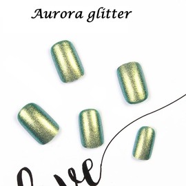 Press On Nails, Press on nails medium square, Opaque Reusable Stick On Nails, Full cover nails, Press on nails with sticky tabs, Aurora Cat Eye, Green, 24pcs