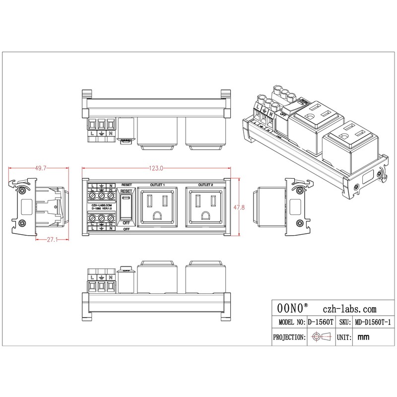 DIN Rail Mount AC 120V NEMA 5-15R Double Receptacles Outlet