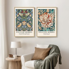 Framed William Morris Wall Art Set of 2 - Large Vintage William Morris Prints, Strawberry Thief Floral Canvas Artwork for Living Room, Bedroom, Dining Room, Bathroom, Office Wall Decor - 16x24 Inch