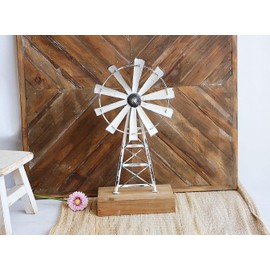 TenFuju Rustic White Farmhouse Windmill Table Decor - Distressed Metal & Wood Windmill for Kitchen, Living Room, Office, or Shelf Decoration
