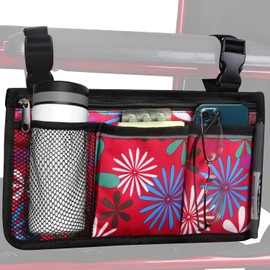Wheelchair Storage Bag, Armrest Bag with Cup Holder and Reflective Strips, Waterproof Fabric, for Most Wheelchairs, Rollators or Rollators (Red Fireworks)