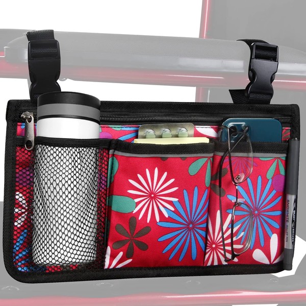 Wheelchair Storage Bag, Armrest Bag with Cup Holder and Reflective