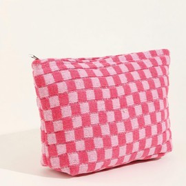 Checkered Makeup Bag for Women Large Capacity Travel Cosmetic Bag Makeup Pouch for Purse Zipper Toiletry Organizer Cute Y2K Aesthetic Trendy Adults Makeup Brushes Storage Bag (Pink White)