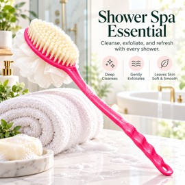 2-in-1 Long Handle Bath Brush with Soft Loofah & Bristles, Curved Back Scrubber for Gentle Body Exfoliation, Shower & Daily Skin Care