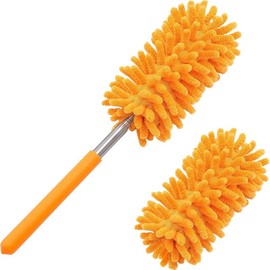 Microfiber Duster for Cleaning,  Hand Washable Dusters with 2Pcs Replaceable Microfiber Head, Extendable Pole, Detachable Cleaning Brush Tool for Office, Car, Window, Furniture, Ceiling Fan - Color: Bright Orange